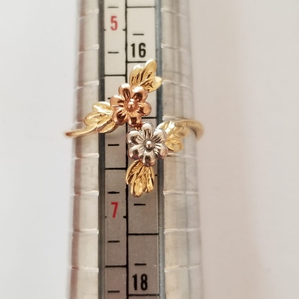 10K Gold Floral Tri Color Bypass Ring - Picture 8 of 12